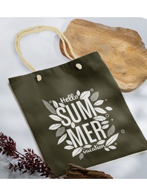 Bk Gift Yaz Temalı Haki Halat Saplı Kumaş Plaj Çantası -1 Baskılı Omuz Çantası