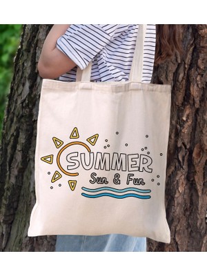 Bk Gift Yaz Temalı Kanvas Bez Plaj Çantası -9  Baskılı Omuz Çantası