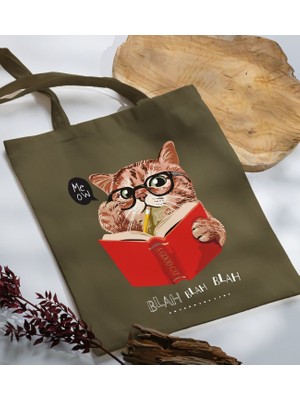 Bk Gift Kedi Tasarımlı-5 Haki Kumaş Bez Çanta Baskılı Omuz Çantası