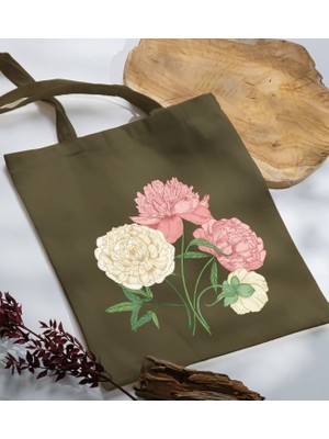 Bk Gift Çiçek Tasarımlı-7 Haki Kumaş Bez Çanta Baskılı Omuz Çantası