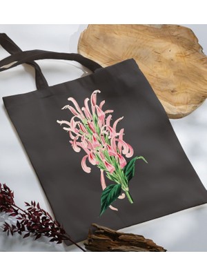 Bk Gift Çiçek Tasarımlı-8 Antrasit Kumaş Bez Çanta