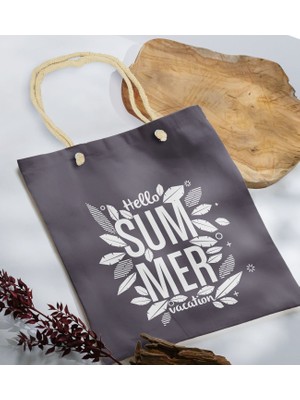 Bk Gift Yaz Temalı Antrasit Halat Saplı Kumaş Plaj Çantası -1 Baskılı Omuz Çantası