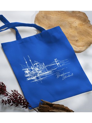 Bk Gift Istanbul Tasarımlı-5 Mavi Kumaş Bez Çanta Baskılı Omuz Çantası