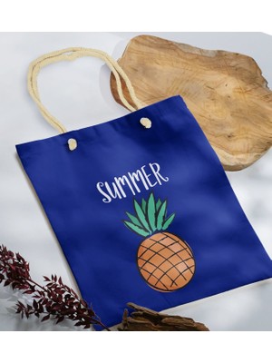 Bk Gift Yaz Temalı Saks Mavi Halat Saplı Kumaş Plaj Çantası -4 Baskılı Omuz Çantası