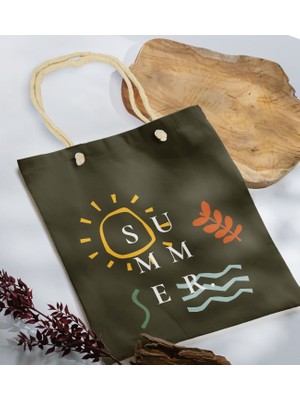 Bk Gift Yaz Temalı Haki Halat Saplı Kumaş Plaj Çantası -20 Baskılı Omuz Çantası