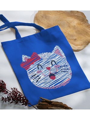 Bk Gift Modern Art Tasarımlı-4 Mavi Kumaş Bez Çanta Baskılı Omuz Çantası