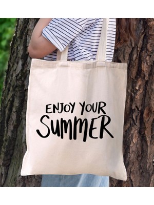 Bk Gift Yaz Temalı Kanvas Bez Plaj Çantası -6  Baskılı Omuz Çantası
