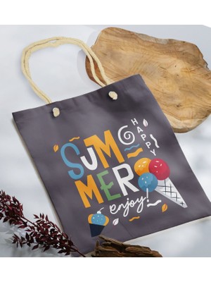 Bk Gift Yaz Temalı Antrasit Halat Saplı Kumaş Plaj Çantası -12 Baskılı Omuz Çantası