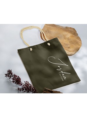 Bk Gift Isimli Tarihli Haki Halat Saplı Kumaş Bez Çanta - 2 Baskılı Omuz Çantası