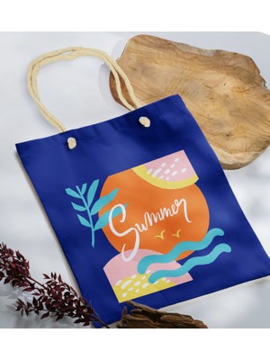 Bk Gift Yaz Temalı Saks Mavi Halat Saplı Kumaş Plaj Çantası -15 Baskılı Omuz Çantası