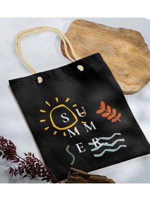 Bk Gift Yaz Temalı Siyah Halat Saplı Kumaş Plaj Çantası -20 Baskılı Omuz Çantası