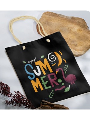 Bk Gift Yaz Temalı Siyah Halat Saplı Kumaş Plaj Çantası -13 Baskılı Omuz Çantası