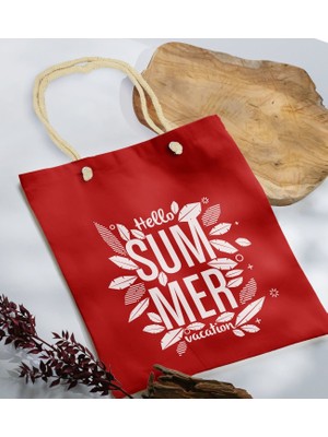 Bk Gift Yaz Temalı Kırmızı Halat Saplı Kumaş Plaj Çantası -1 Baskılı Omuz Çantası