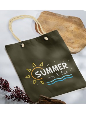 Bk Gift Yaz Temalı Haki Halat Saplı Kumaş Plaj Çantası -9 Baskılı Omuz Çantası