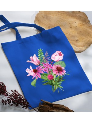 Bk Gift Çiçek Tasarımlı-6 Mavi Kumaş Bez Çanta Baskılı Omuz Çantası