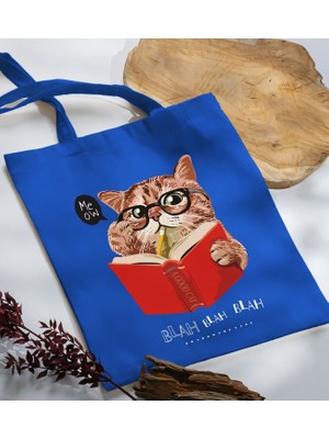 Bk Gift Kedi Tasarımlı-5 Mavi Kumaş Bez Çanta Baskılı Omuz Çantası