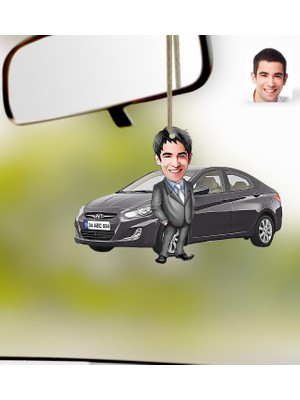Bk Gift Kişiye Özel Erkek Hyundai Accent Karikatürlü Ahşap Plakalı Araba Dikiz Ayna Süsü-1 , Arkadaşa Hediye, Sevgiliye Hediye, Araba Hediyesi