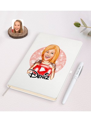 BK Kişiye Özel Kadın Youtuber Karikatürlü Beyaz Defter ve Kalem Hediye Seti-1