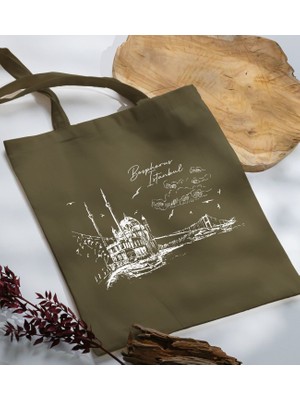 Bk Gift Istanbul Tasarımlı-2 Haki Kumaş Bez Çanta Baskılı Omuz Çantası