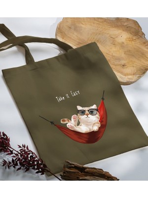 Bk Gift Kedi Tasarımlı-2 Haki Kumaş Bez Çanta Baskılı Omuz Çantası