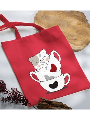 Bk Gift Kedi Tasarımlı Kırmızı-10 Kumaş Bez Çanta Baskılı Omuz Çantası