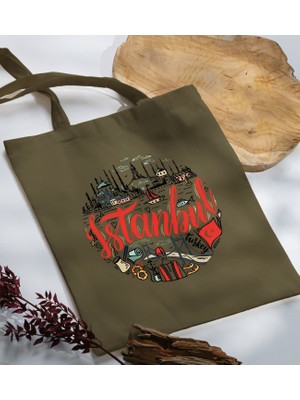 Bk Gift Istanbul Tasarımlı-1 Haki Kumaş Bez Çanta Baskılı Omuz Çantası