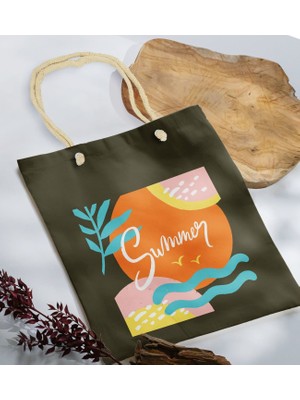 Bk Gift Yaz Temalı Haki Halat Saplı Kumaş Plaj Çantası -15 Baskılı Omuz Çantası
