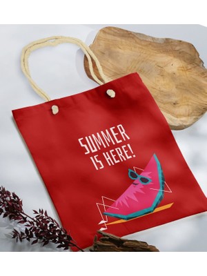 Bk Gift Yaz Temalı Kırmızı Halat Saplı Kumaş Plaj Çantası -10 Baskılı Omuz Çantası