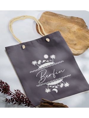 Bk Gift Yaz Temalı Isimli Antrasit Halat Saplı Kumaş Plaj Çantası -1 Baskılı Omuz Çantası