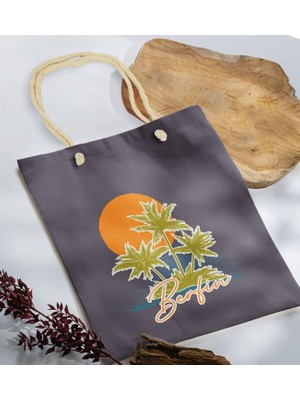 Bk Gift Yaz Temalı Isimli Antrasit Halat Saplı Kumaş Plaj Çantası -2 Baskılı Omuz Çantası