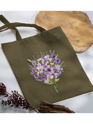 Bk Gift Çiçek Tasarımlı-9 Haki Kumaş Bez Çanta Baskılı Omuz Çantası
