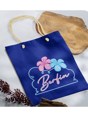 Bk Gift Yaz Temalı Isimli Saks Mavi Halat Saplı Kumaş Plaj Çantası -4 Baskılı Omuz Çantası