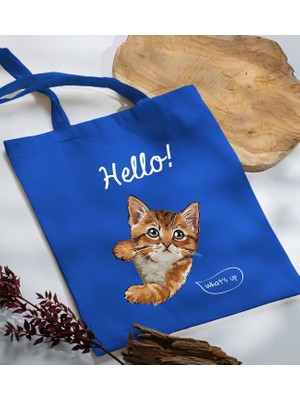 Bk Gift Kedi Tasarımlı-4 Mavi Kumaş Bez Çanta Baskılı Omuz Çantası