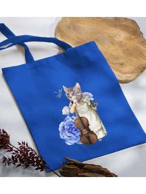 Bk Gift Kedi Tasarımlı-3 Mavi Kumaş Bez Çanta Baskılı Omuz Çantası