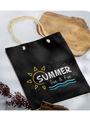 Bk Gift Yaz Temalı Siyah Halat Saplı Kumaş Plaj Çantası -9 Baskılı Omuz Çantası