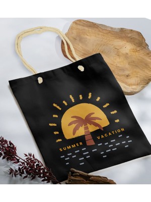 Bk Gift Yaz Temalı Siyah Halat Saplı Kumaş Plaj Çantası -21 Baskılı Omuz Çantası