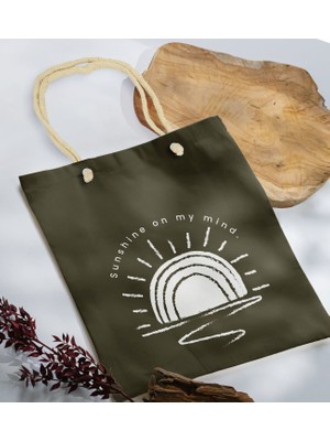 Bk Gift Yaz Temalı Haki Halat Saplı Kumaş Plaj Çantası -22 Baskılı Omuz Çantası