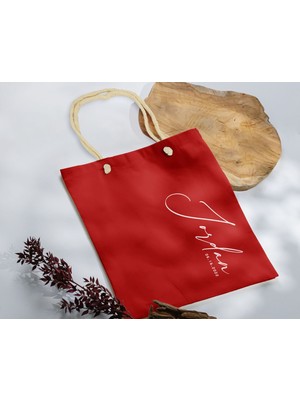 Bk Gift Isimli Tarihli Kırmızı Halat Saplı Kumaş Bez Çanta - 2 Baskılı Omuz Çantası