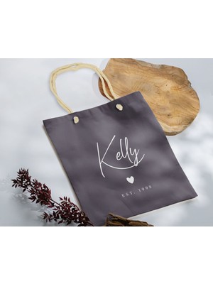 Bk Gift Isimli Tarihli Antrasit Halat Saplı Kumaş Bez Çanta - 1 Baskılı Omuz Çantası