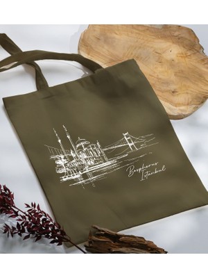 Bk Gift Istanbul Tasarımlı-5 Haki Kumaş Bez Çanta Baskılı Omuz Çantası