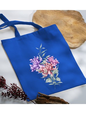 Bk Gift Çiçek Tasarımlı-2 Mavi Kumaş Bez Çanta Baskılı Omuz Çantası