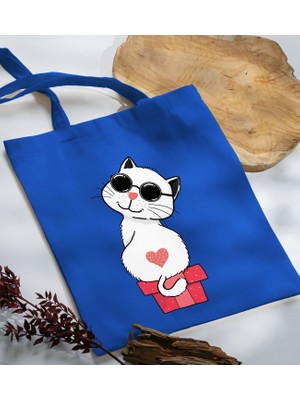 Bk Gift Kedi Tasarımlı-6 Mavi Kumaş Bez Çanta Baskılı Omuz Çantası