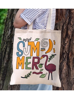 Bk Gift Yaz Temalı Kanvas Bez Plaj Çantası -13  Baskılı Omuz Çantası