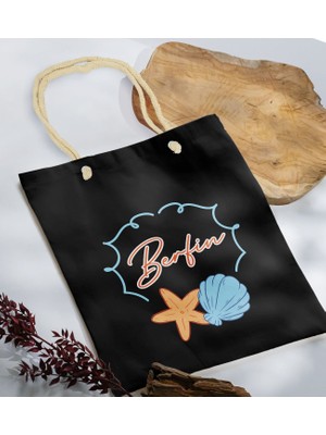 Bk Gift Yaz Temalı Isimli Siyah Halat Saplı Kumaş Plaj Çantası -3 Baskılı Omuz Çantası