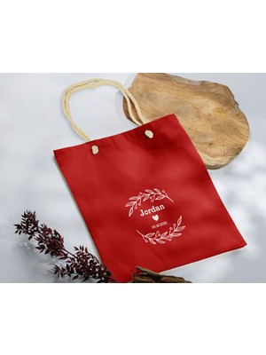 Bk Gift Isimli Tarihli Kırmızı Halat Saplı Kumaş Bez Çanta - 3 Baskılı Omuz Çantası