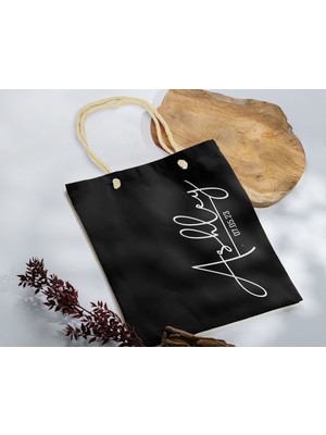Bk Gift Isimli Tarihli Siyah Halat Saplı Kumaş Bez Çanta - 5 Baskılı Omuz Çantası