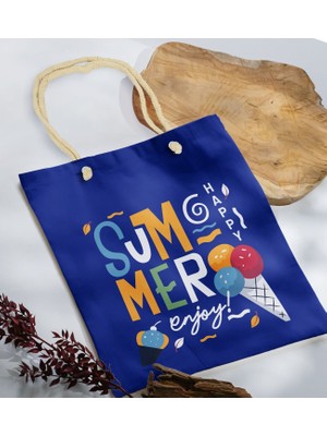 Bk Gift Yaz Temalı Saks Mavi Halat Saplı Kumaş Plaj Çantası -12 Baskılı Omuz Çantası