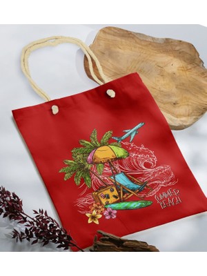 Bk Gift Yaz Temalı Kırmızı Halat Saplı Kumaş Plaj Çantası -3 Baskılı Omuz Çantası