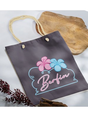 Bk Gift Yaz Temalı Isimli Antrasit Halat Saplı Kumaş Plaj Çantası -4 Baskılı Omuz Çantası