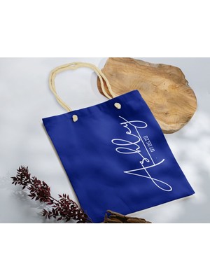 Bk Gift Isimli Tarihli Mavi Halat Saplı Kumaş Bez Çanta - 5 Baskılı Omuz Çantası